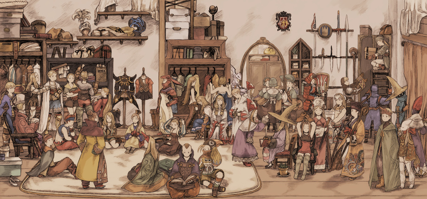 6+boys archer_(fft) arithmetician_(fft) armor bag black_mage_(fft) black_mage_(final_fantasy) blonde_hair book boots box brown_hair cabinet cape chair chemist_(fft) chinese_clothes clothes_rack commentary_request dagger dancer_(fft) dancer_(final_fantasy) dragoon_(fft) dress final_fantasy final_fantasy_tactics geomancer_(fft) globe hat helmet highres horns indoors japanese_armor kabuto_(helmet) knife knight_(fft) ladder maeka_(kumaekake) mime_(fft) mirror monk_(fft) multiple_boys mystic_(fft) ninja_(fft) orator_(fft) plant ponytail potted_plant ramza_beoulve reading reflection robe rug samurai_(fft) satchel shelf shield single_horn sitting smile squire_(fft) staff summoner_(fft) sword thief_(fft) thigh_boots thighhighs time_mage time_mage_(fft) treasure_chest weapon white_mage_(fft) white_mage_(final_fantasy) witch_hat wooden_floor