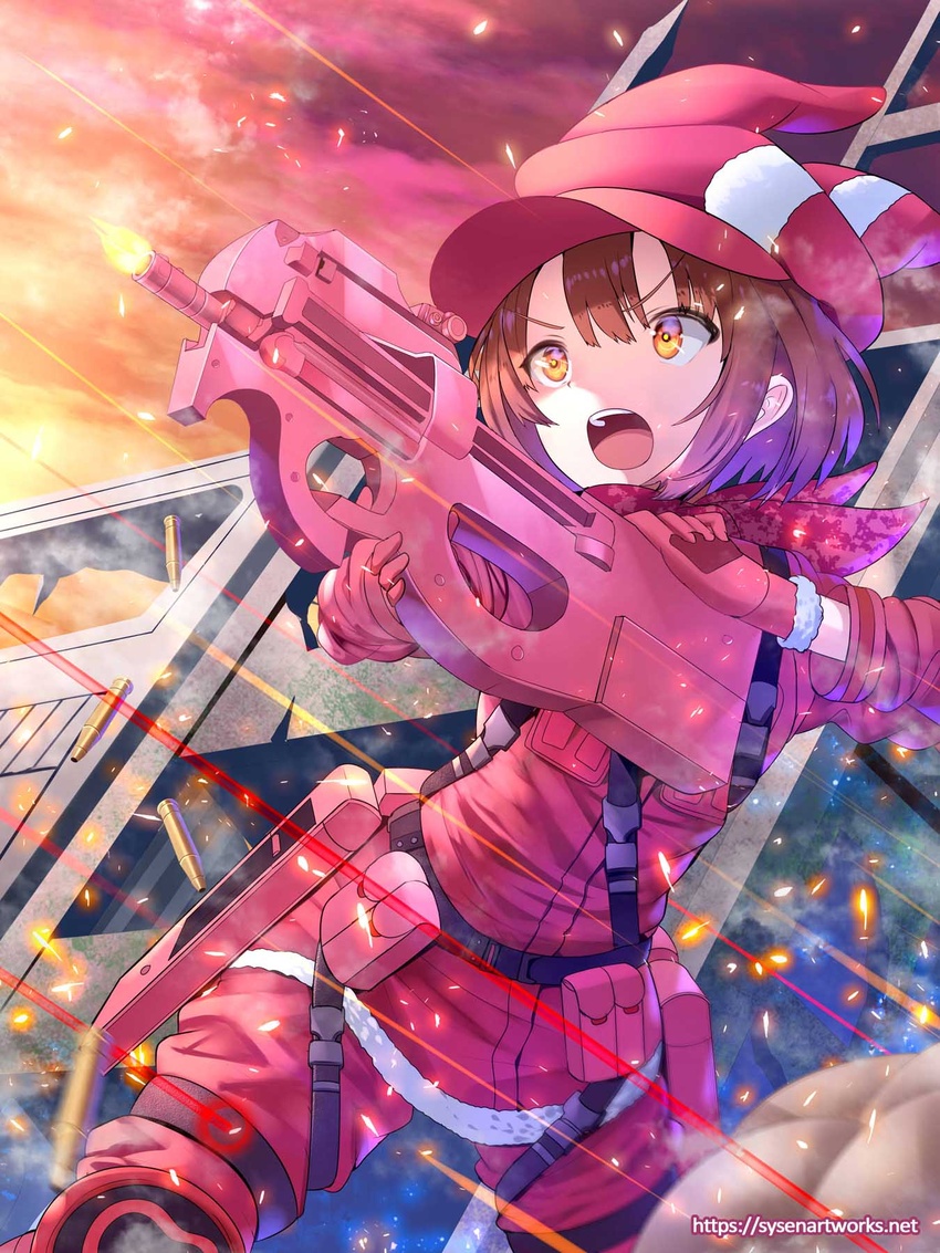 animal_ears bad_id bad_pixiv_id battle brown_hair bullet bullet_line bullpup commentary female firing gloves gun hat highres llenn_(sao) military military_uniform open_mouth orange_eyes p-chan_(p90) p90 pants photoshop_(medium) pink_gloves pink_pants pink_scarf pink_theme pink_weapon pouch rabbit_ears scarf short_hair solo submachine_gun sword_art_online sword_art_online_alternative:_gun_gale_online sysen uniform watermark weapon web_address