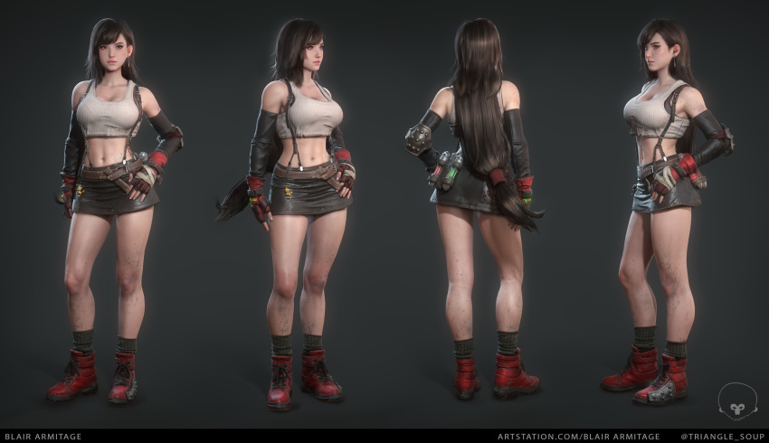 3d belt black_hair blair_armitage breasts brown_eyes cleavage commentary_request crop_top dirty elbow_gloves female final_fantasy final_fantasy_vii fingerless_gloves gloves highres looking_at_viewer midriff multiple_views navel realistic redesign skirt suspenders tank_top tifa_lockhart