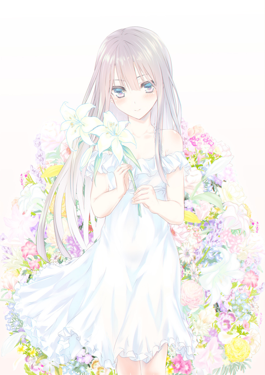 blush collarbone commentary_request dress female floral_background flower grey_eyes hair_between_eyes highres holding holding_flower kurokawa_(silve) lily_(flower) long_hair off-shoulder_dress off_shoulder original silver_hair simple_background sleeveless sleeveless_dress smile solo standing very_long_hair white_background white_dress white_flower white_lily