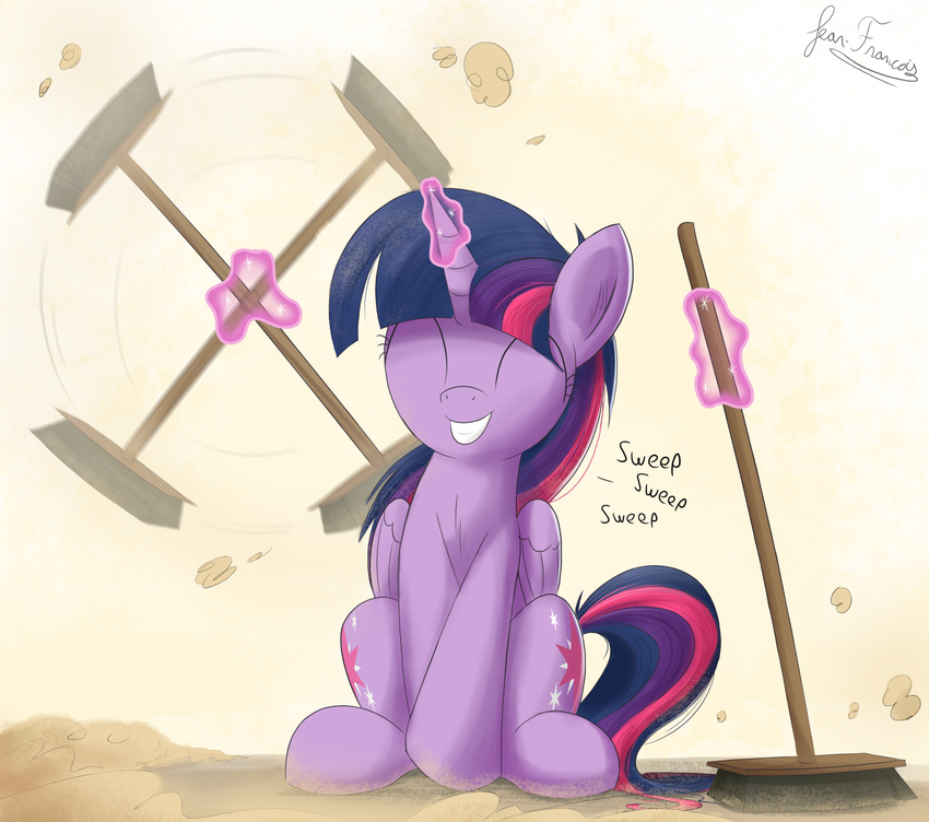 2016 alicorn bangs blunt_bangs broom cleaning_tool closed_eyes cutie_mark dialogue dust english_text equid equine feathered_wings feathers female feral friendship_is_magic fur hair hasbro hi_res horn inside magic magic_glow mammal multicolored_hair my_little_pony mythological_creature mythological_equine mythology nauskills purple_body purple_eyes purple_feathers purple_fur purple_hair smile solo text twilight_sparkle_(mlp) wings