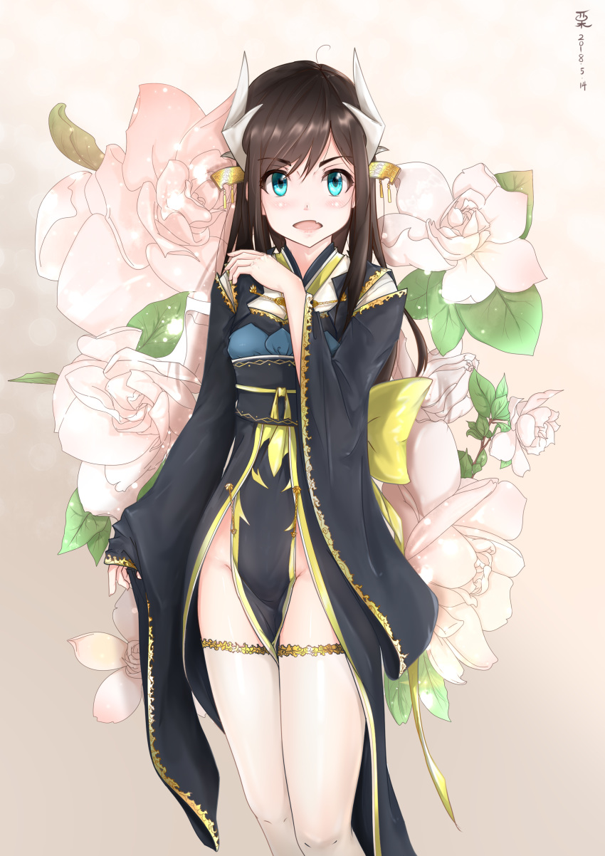 absurdres alternate_costume asashio_(kancolle) black_hair black_kimono blue_eyes clothes_between_thighs commentary_request cosplay dated dragon_horns fate/grand_order fate_(series) female floral_background hair_between_eyes highres horns japanese_clothes kantai_collection kimono kiyohime_(fate) kiyohime_(fate)_(cosplay) kiyohime_(third_ascension)_(fate) kiyohime_(third_ascension)_(fate)_(cosplay) kuriko long_hair looking_at_viewer obi oerba_yun_fang open_mouth pelvic_curtain sash short_kimono solo thighhighs white_thighhighs wide_sleeves