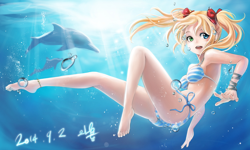 air_bubble anklet ass barefoot bikini blonde_hair blue_eyes breasts breath bubble commentary_request dated diving dolphin feet female freediving highres holding_breath jewelry long_hair medium_breasts mhg_(hellma) original ribbon side-tie_bikini_bottom signature solo striped_bikini striped_clothes swimming swimsuit twintails underboob underwater wrist_ribbon