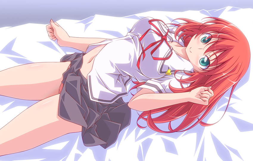 bed blouse blue_skirt blush commentary_request female green_eyes heart kikuchi_tsutomu lace lace-trimmed_panties lace_trim long_hair looking_at_viewer lying miniskirt on_back panties photoshop_(medium) pleated_skirt red_hair red_panties ribbon school_uniform serafuku shiina_ayame shirt short_sleeves skirt smile solo tokimeki_memorial tokimeki_memorial_only_love underwear white_shirt