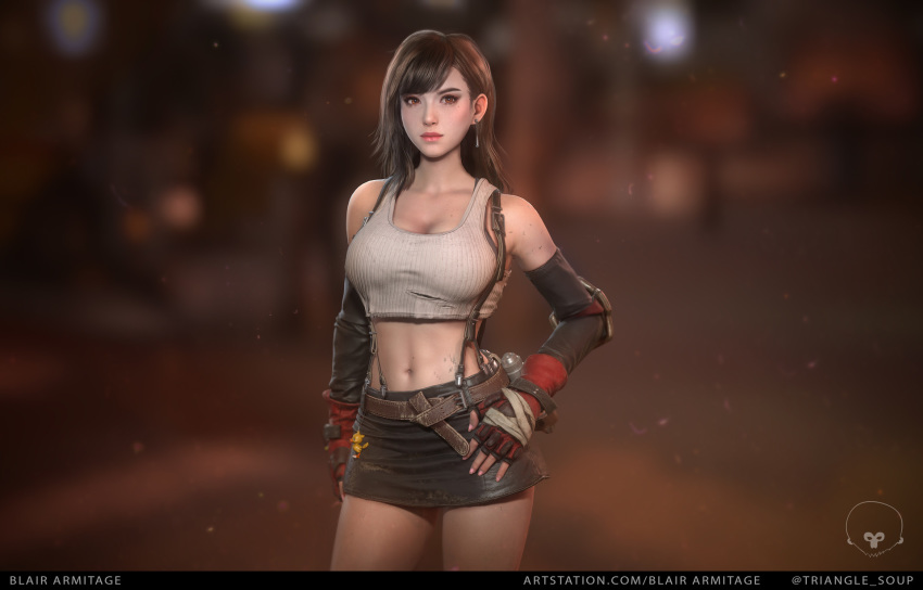 3d belt black_hair blair_armitage breasts brown_eyes cleavage dirty elbow_gloves final_fantasy final_fantasy_vii fingerless_gloves gloves hand_on_hip highres looking_at_viewer midriff navel realistic redesign skirt solo suspenders tank_top tifa_lockhart