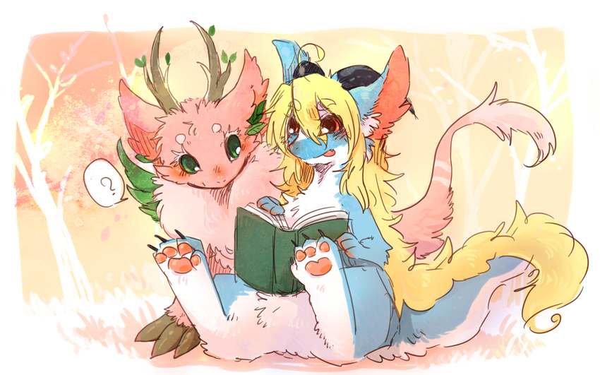 16:10 blonde_hair blue_body blue_fur book brown_eyes dragon duo feral fur green_eyes hair hi_res kemono mythological_creature mythological_scalie mythology pink_body pink_fur pipisan question_mark reading reading_book scalie tail tail_tuft tuft widescreen