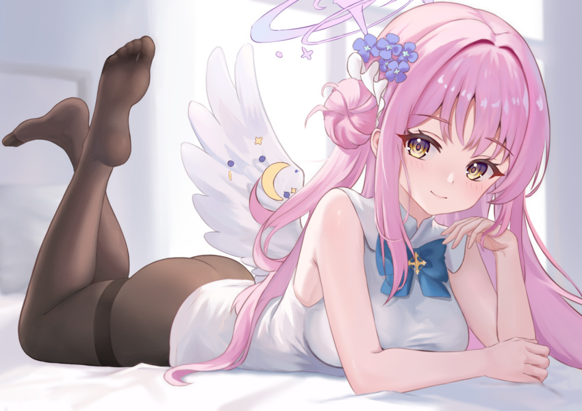 angel_wings ass bare_arms bare_shoulders bedroom black_pantyhose blue_archive blue_bow blue_flower bow breasts closed_mouth day dress fanteam feathered_wings feet feet_up female flower frilled_ribbon frills hair_bun hair_flower hair_ornament hair_ribbon halo indoors large_breasts legs long_hair looking_at_viewer low_wings lying medium_dress mika_(blue_archive) no_pants no_shoes on_bed on_stomach pantyhose pink_hair ribbon single_side_bun sleeveless sleeveless_dress smile soles solo the_pose thighband_pantyhose thighs toes white_dress white_ribbon white_wings wing_ornament wings yellow_eyes