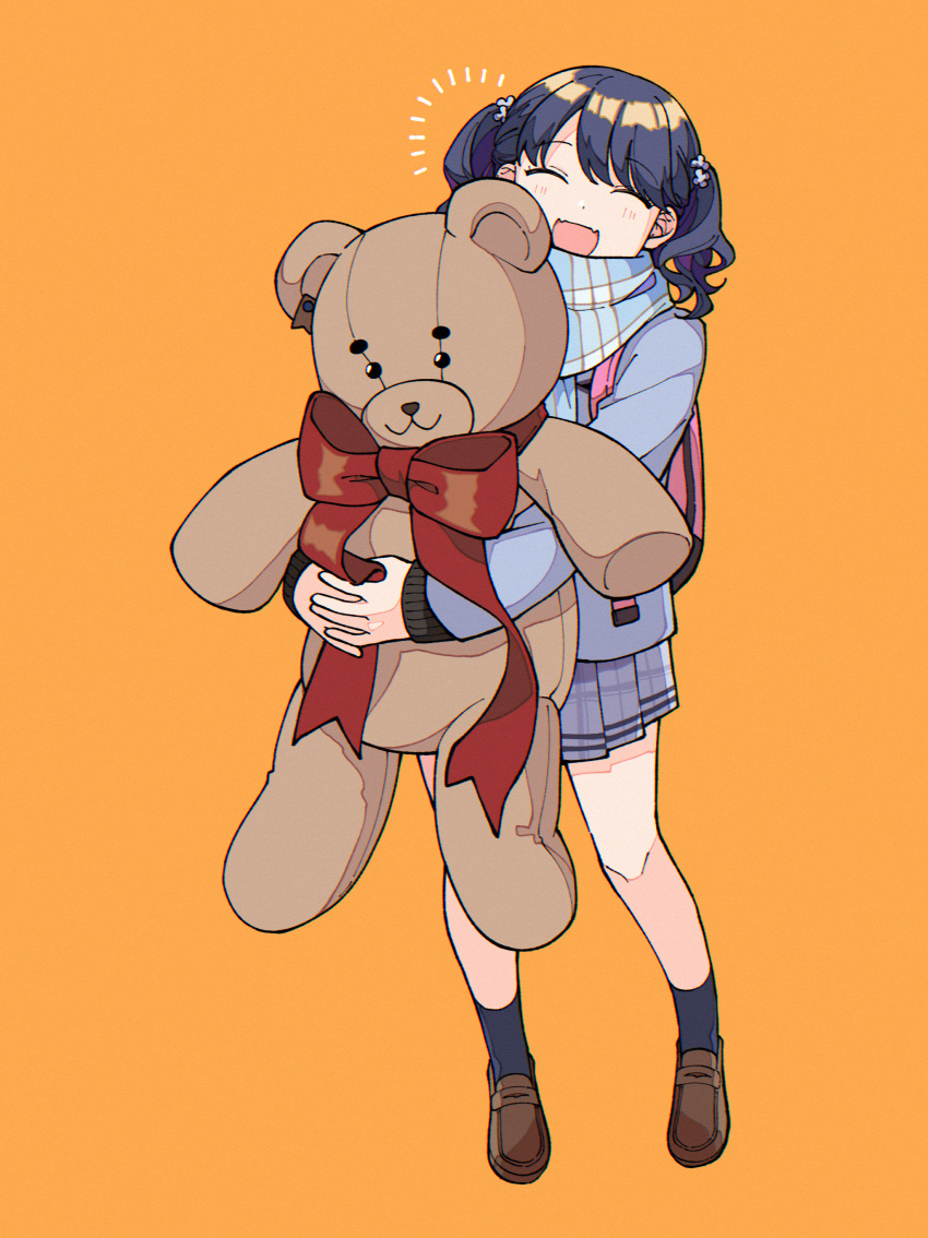 :d ^_^ absurdres backpack bag black_hair black_socks black_sweater blazer bow brown_footwear closed_eyes commentary_request facing_viewer fangs female flower fukumaru_koito full_body grey_jacket grey_skirt hair_flower hair_ornament highres holding holding_stuffed_toy idolmaster idolmaster_shiny_colors jacket knees large_bow legs light_blush loafers miniskirt niyororinpayamaru oerba_yun_fang open_mouth orange_background plaid plaid_scarf plaid_skirt pleated_skirt red_bow scarf school_uniform shoes simple_background skin_fang skin_fangs skirt smile socks solo standing stuffed_animal stuffed_toy sweater swept_bangs teddy_bear twintails