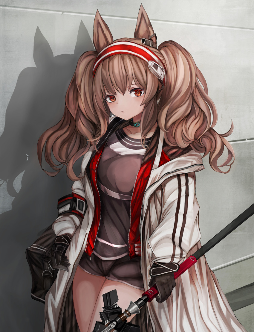 absurdres angelina_(arknights) animal_ears arknights black_gloves black_shorts blush brown_eyes brown_hair choker coat commentary cowboy_shot dumi english_commentary female fox_ears gloves grey_shirt hairband highres holding holding_staff indoors long_hair long_sleeves looking_at_viewer open_clothes open_coat red_hairband shadow shirt short_shorts shorts solo staff standing thighs twintails white_coat