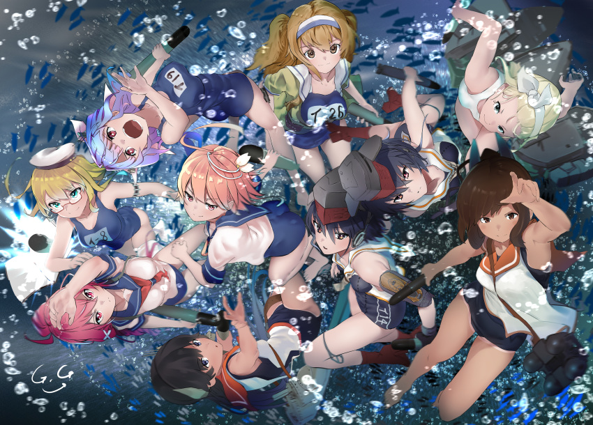 6+girls absurdres ahoge black_hair black_one-piece_swimsuit blonde_hair blue_eyes blue_hair blue_sailor_collar breast_cutout breasts brown_eyes brown_hair from_above gegeron glasses green_eyes grey_neckerchief hair_between_eyes hairband hat highres i-13_(kancolle) i-14_(kancolle) i-168_(kancolle) i-19_(kancolle) i-26_(kancolle) i-400_(kancolle) i-401_(kancolle) i-504_(kancolle) i-58_(kancolle) i-8_(kancolle) kantai_collection large_breasts light_brown_hair long_hair looking_up luigi_torelli_(kancolle) medium_breasts multiple_girls name_tag neckerchief new_school_swimsuit old_school_swimsuit one-piece_swimsuit open_mouth orange_neckerchief orange_sailor_collar pink_eyes pink_hair ponytail red-framed_eyewear red_eyes red_neckerchief sailor_collar sailor_hat sailor_shirt school_swimsuit shirt short_hair short_sleeves signature sleeveless sleeveless_shirt small_breasts smile star-shaped_pupils star_(symbol) swimsuit swimsuit_under_clothes symbol-shaped_pupils torpedo tri_tails two-tone_hairband water white_hairband white_headwear white_sailor_collar white_shirt