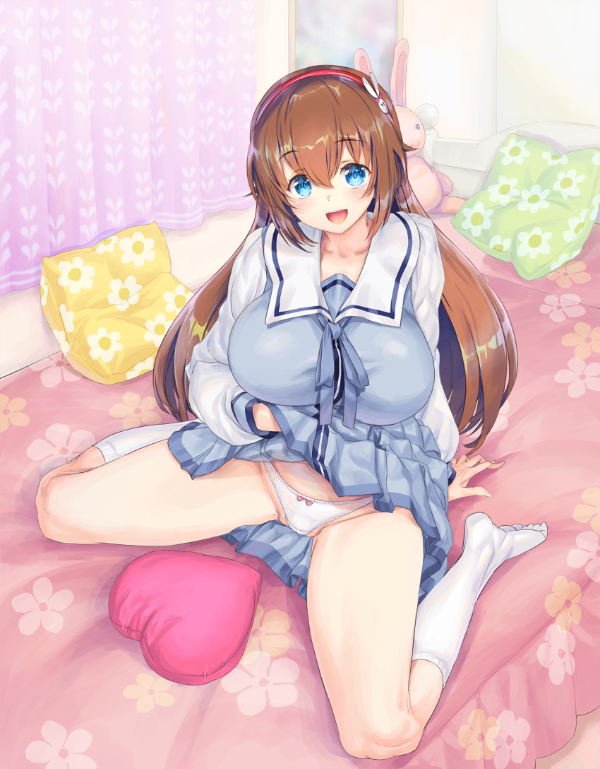 :d arm_support bedroom blue_eyes blue_shirt blue_skirt blush breast_press breasts brown_hair clothes_lift commentary_request commission curvy female fujisaki_yua hair_between_eyes highres huge_breasts indoors kikuru_(vtuber) kiyama_satoshi lifting_own_clothes long_hair long_sleeves looking_at_viewer miniskirt neck_ribbon no_shoes open_mouth panties pleated_skirt raglan_sleeves ribbon sailor_collar school_uniform shirt sitting skeb_commission skirt skirt_lift smile socks solo toe_scrunch underwear very_long_hair virtual_youtuber wariza white_panties white_sailor_collar white_socks