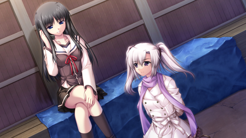 2girls alpha_(yukai_na_nakamatachi) arms_behind_back black_hair black_legwear black_skirt blue_eyes breasts brown_eyes brown_vest cellphone closed_mouth coat collarbone collared_shirt crossed_legs flip_phone g-senjou_no_maou game_cg grin holding holding_phone kneehighs long_hair long_sleeves medium_breasts miniskirt multiple_girls phone pleated_skirt purple_scarf red_ribbon restrained ribbon sailor_collar sailor_shirt scarf shiratori_mizuha shirt sitting skirt smile socks straight_hair tokita_yuki twintails very_long_hair vest white_coat white_hair white_sailor_collar white_shirt