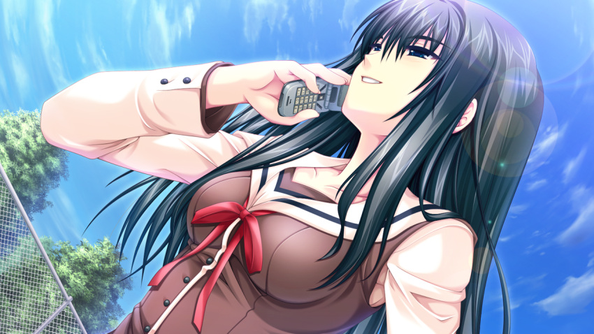 alpha_(yukai_na_nakamatachi) black_hair blue_eyes blue_sky breasts brown_vest cellphone cloud collarbone collared_shirt dutch_angle female flip_phone g-senjou_no_maou game_cg grin hair_between_eyes half-closed_eyes holding holding_phone lens_flare long_hair long_sleeves medium_breasts phone red_ribbon ribbon sailor_collar sailor_shirt school_uniform shirt sky smile solo straight_hair tokita_yuki upper_body vest white_shirt