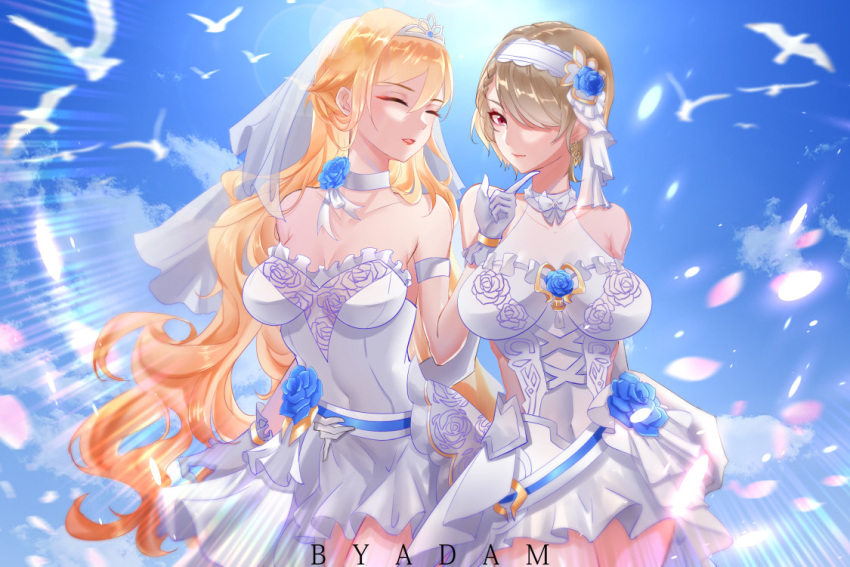 2girls bianka_durandal_ataegina bianka_durandal_ataegina_(dea_anchora) blonde_hair bride brown_hair closed_eyes closed_mouth dress hair_ornament hand_on_another's_chin hand_on_another's_hip honkai_(series) honkai_impact_3rd lipstick long_hair looking_at_viewer makeup multiple_girls purple_eyes rita_rossweisse rita_rossweisse_(artemis) short_hair smile wedding_dress wife_and_wife yuri zhuchengyuanjianzhen