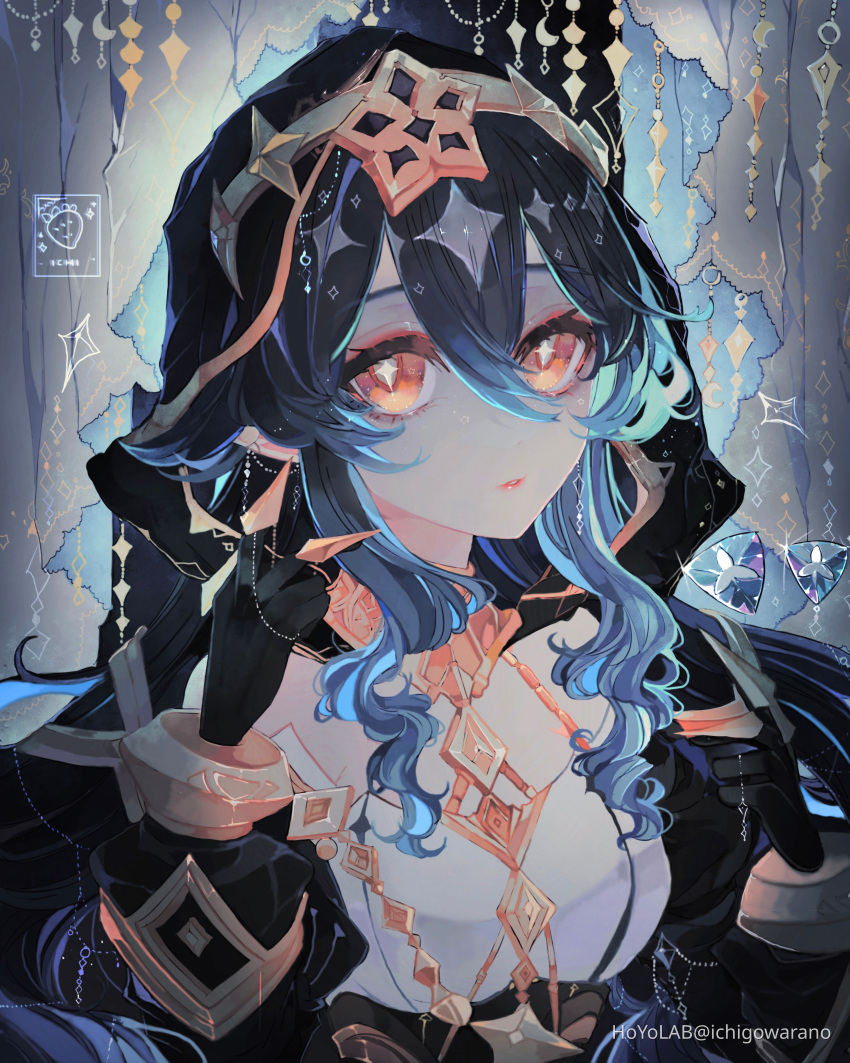 +_+ absurdres artist_name black_gloves blue_hair breasts bright_pupils brown_eyes claw_ring corset detached_sleeves english_commentary eyeshadow female genshin_impact gloves hair_between_eyes highres hood hood_up hoyolab_username ichigoh layla_(genshin_impact) long_hair looking_at_viewer makeup medium_breasts orange_eyeshadow portrait shirt solo strapless strapless_shirt symbol-shaped_pupils veil watermark white_pupils white_shirt