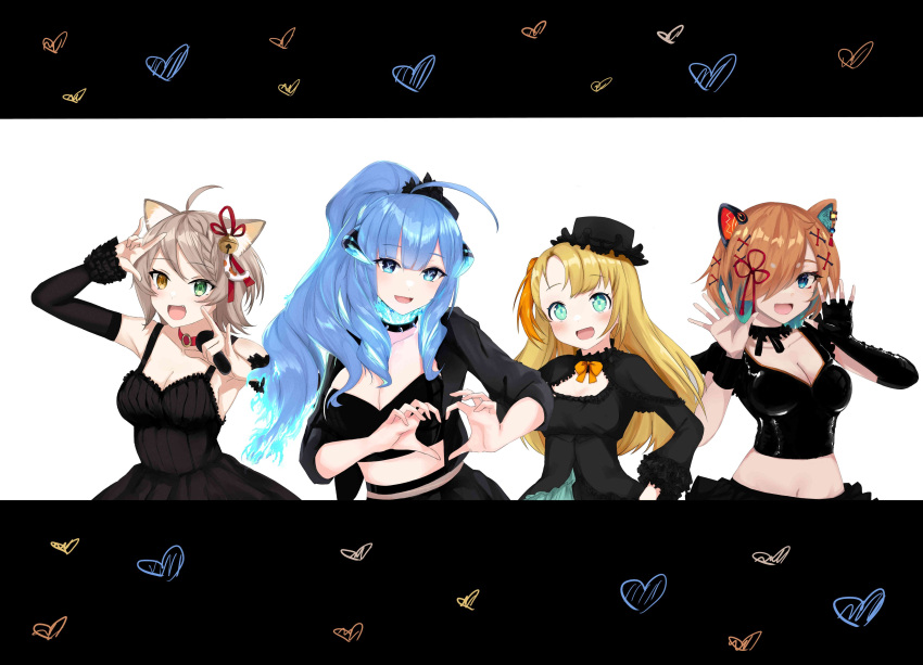 4girls :d \m/ absurdres ahoge animal_ear_fluff animal_ears aqua_eyes black_choker black_dress blonde_hair blue_eyes blush breasts cat_ears cat_girl choker cleavage cleavage_cutout clothing_cutout colored_inner_hair commentary detached_sleeves dog_ears dog_girl double_\m/ dress english_commentary fangs furai_sen green_eyes green_hair hair_over_one_eye heart heterochromia highres holding holding_microphone horns lineup long_hair looking_at_viewer medium_breasts microphone midriff mismatched_animal_ear_colors miyoshino_shiki multicolored_hair multiple_girls navel one_eye_covered open_mouth orange_eyes pengin_pina penguin_girl prism_project rikudou_yura short_hair skin_fangs smile spiked_choker spikes suzune_nia virtual_youtuber x_x