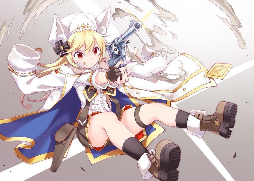 :q absurdres animal_ear_fluff animal_ears animal_hat black_gloves black_skirt black_socks blonde_hair boots brown_footwear center_frills closed_mouth commentary_request fake_animal_ears female fingerless_gloves firing frills fur_hat girls'_frontline gloves gun hair_between_eyes hair_ornament handgun harada_(sansei_rain) hat highres holding holding_gun holding_weapon holster jacket jacket_on_shoulders long_hair long_sleeves nagant_m1895 nagant_revolver_(girls'_frontline) nagant_revolver_(mod3)_(girls'_frontline) outstretched_arms pleated_skirt red_eyes revolver shirt shoe_soles skirt smile smoke socks solo tongue tongue_out two-handed v-shaped_eyebrows very_long_hair weapon white_hat white_jacket white_shirt