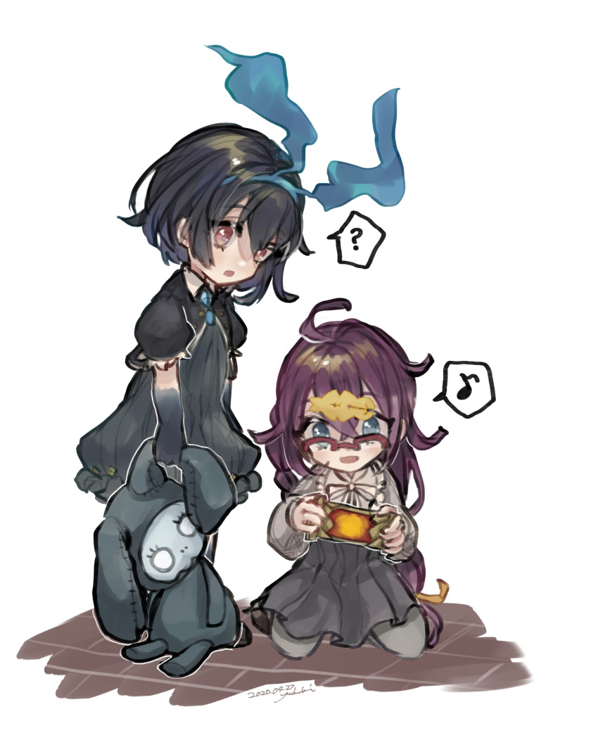 2girls :d :o ? absurdres aged_down alice_(sinoalice) blue_dress blue_eyes blue_gloves blue_hair botan_yuduki bow bowtie doll dorothy_(sinoalice) dress elbow_gloves floor full_body glasses gloves grey_jacket grey_skirt hair_between_eyes hair_ornament hairpin handheld_game_console headband highres holding holding_doll holding_handheld_game_console jacket leggings long_hair long_sleeves multiple_girls musical_note open_mouth purple_hair red_eyes seiza short_sleeves simple_background sinoalice sitting skirt smile spoken_musical_note spoken_question_mark standing white_background