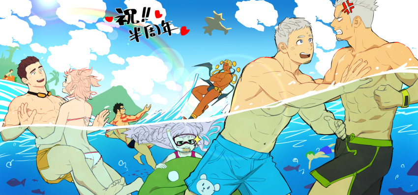 2girls 5boys abs anger_vein aqua_shorts ass bara bikini black_hair black_shorts blue_sky brown_hair bulge character_request cloud dark-skinned_male dark_skin diving diving_mask dolphin_shorts eddie_(gyee) facial_hair floating goatee goggles goggles_around_neck grabbing grey_hair gyee hands_up itto_(mentaiko) izumi_(gyee) jealous large_pectorals long_hair long_sideburns male_focus male_swimwear mature_male miles_(gyee) multiple_boys multiple_girls muscular muscular_male navel nipples orange_shorts outdoors partially_underwater_shot pectoral_grab pectorals pink_hair priapus_a._tarou raikoh_(paradiso_guardian) rainbow short_hair shorts side_slit side_slit_shorts sideburns sky sparkling_eyes stubble sweatdrop swim_trunks swimsuit thick_thighs thighs topless_male translated underwater white_bikini white_hair