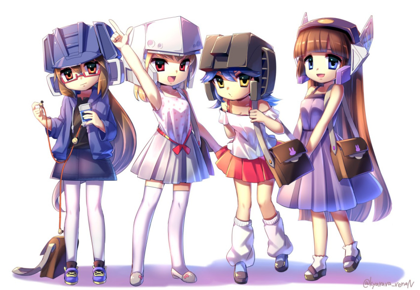 4girls :o aged_down aoi_rena black_skirt blue_eyes bobby_socks brown_eyes decepticon dress earphones finger_gun genderswap_(mtf) glasses helmet humanization long_hair looking_at_viewer loose_socks medium_hair megatron multiple_girls pantyhose pink_dress q-transformers red_eyes rule_63 sandals shockwave_(transformers) skirt socks soundwave_(transformers) starscream thighhighs transformers very_long_hair waving white_background white_dress yellow_eyes zettai_ryouiki