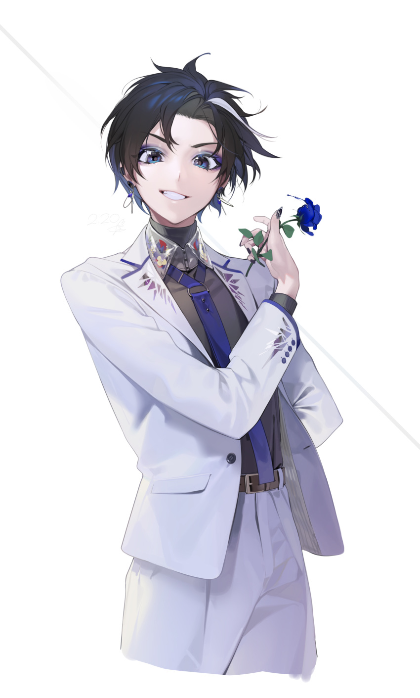 absurdres androgynous arm_across_chest arm_behind_back bad_id bad_pixiv_id belt black_hair blue_eyes blue_flower blue_nails blue_neckwear buckle collared_shirt commentary_request cowboy_shot dated earrings eyeshadow female fingernails flat_chest flower formal grey_hair grin highres holding holding_flower jacket jewelry keishi_(shining_star) looking_at_viewer makeup multicolored_hair ohisashiburi pant_suit pants partial_commentary purple_eyeshadow reverse_trap shining_star shirt short_hair signature simple_background smile solo standing suit two-tone_hair white_background