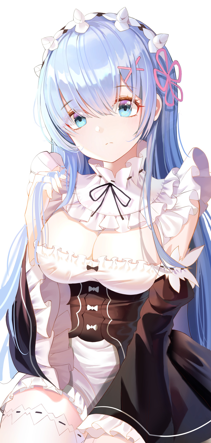 absurdres ahr_tato alternate_hair_length alternate_hairstyle blue_eyes blue_hair blush breasts cleavage commentary detached_sleeves dress female frills frown hair_ornament hair_over_one_eye hair_ribbon highres large_breasts long_hair looking_at_viewer maid maid_headdress photoshop_(medium) re:zero_kara_hajimeru_isekai_seikatsu rem_(re:zero) ribbon roswaal_mansion_maid_uniform simple_background solo symbol-only_commentary thighhighs white_background white_thighhighs x_hair_ornament