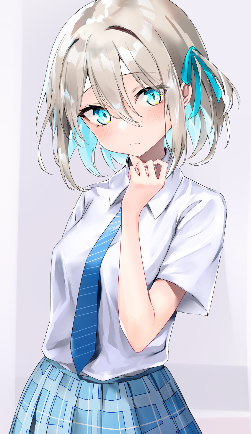 absurdres bad_id bad_twitter_id blue_eyes blue_hair blue_necktie blue_ribbon blue_skirt blush closed_mouth collared_shirt colored_inner_hair female frown grey_hair hair_between_eyes hair_ribbon hand_up head_tilt highres multicolored_hair nanashinayuzu_mochi necktie original plaid plaid_skirt ribbon school_uniform shirt short_sleeves simple_background skirt solo two-tone_hair white_shirt