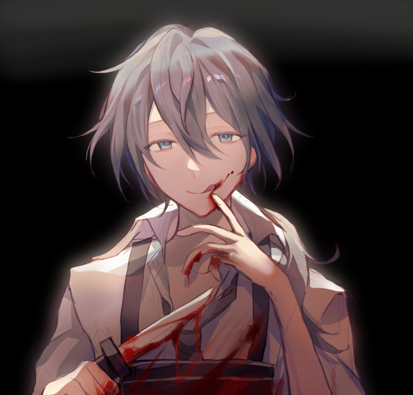 1boy apron black_apron black_background black_necktie blood blood_on_clothes blood_on_face blood_on_hands blood_on_knife blue_eyes blue_hair buttons closed_mouth collared_shirt commentary empty_eyes ensemble_stars! finger_to_own_chin half-closed_eyes highres holding holding_knife knife komatsu2536 looking_at_viewer low_ponytail male_focus medium_hair necktie shiina_niki shirt short_sleeves smile solo symbol-only_commentary tongue tongue_out upper_body white_shirt