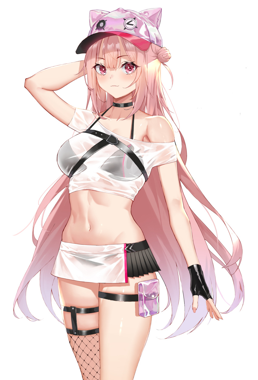 absurdres animal_ear_headwear animal_ears arm_up bare_shoulders baseball_cap bikini bikini_under_clothes black_bikini black_gloves blush breasts cowboy_shot crop_top fake_animal_ears female fingerless_gloves fishnet_thighhighs fishnets girls'_frontline gloves groin hair_bun hat highres large_breasts long_hair looking_at_viewer microskirt midriff navel off-shoulder_shirt off_shoulder official_alternate_costume pink_eyes pink_hair pink_hat pouch revision shirt short_sleeves simple_background single_hair_bun single_thighhigh skirt solo standing stomach swimsuit thigh_strap thighhighs thighs ukm-2000_(girls'_frontline) ukm-2000_(soda_tale)_(girls'_frontline) very_long_hair wet wet_clothes wet_shirt white_background white_shirt zest_(watts99)