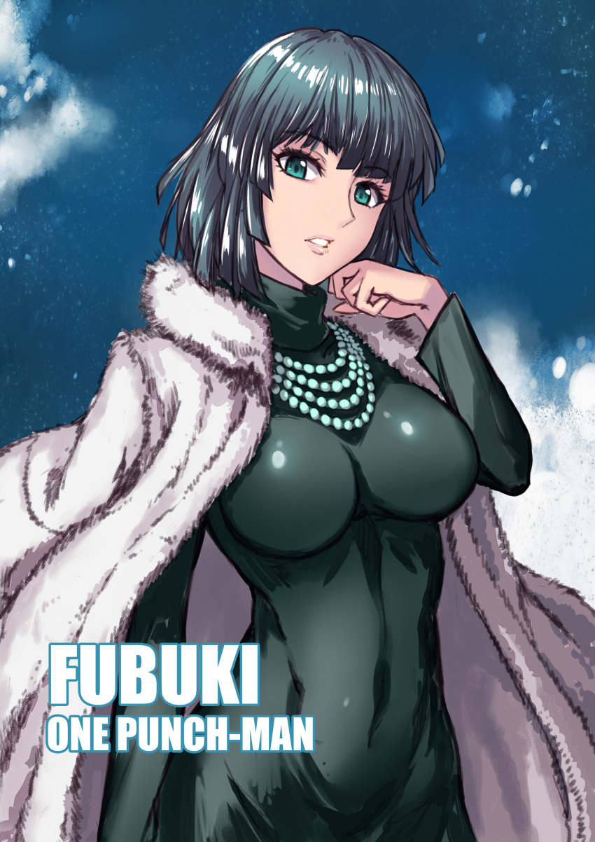 absurdres black_hair breasts coat dress female fish.boy fubuki_(one-punch_man) fur_coat green_dress green_eyes highres jewelry large_breasts looking_at_viewer necklace one-punch_man open_clothes open_coat parted_lips short_hair solo