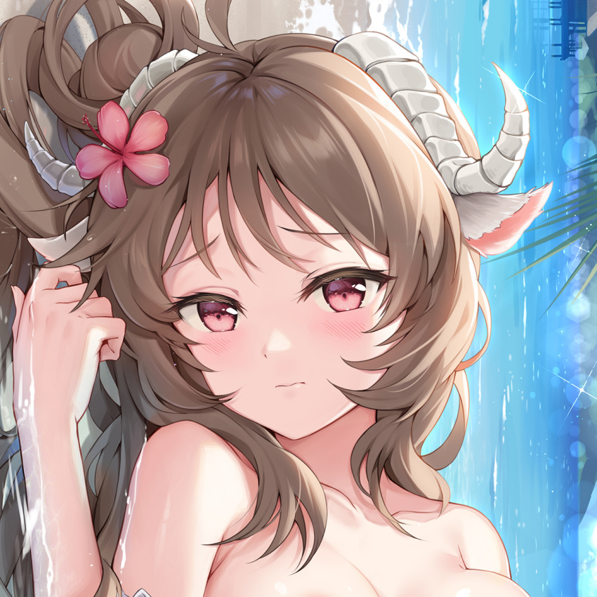 animal_ears antenna_hair arknights beach blush breasts brown_hair close-up collarbone embarrassed eyjafjalla_(arknights) eyjafjalla_(summer_flower)_(arknights) female flower hand_up highres large_breasts longzaibei01 lying nude on_side out-of-frame_censoring pink_eyes pink_flower portrait sand second-party_source sheep_ears sheep_girl solo taro_(ultrataro) water