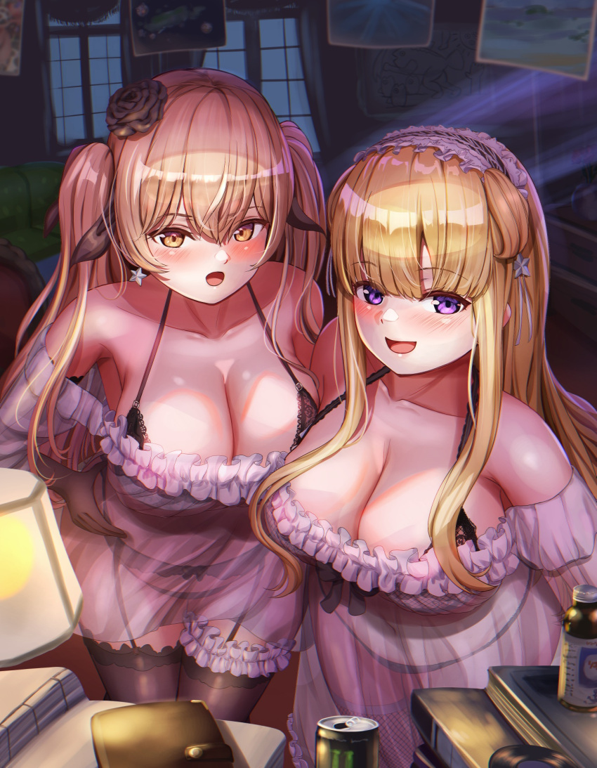 2girls black_bra black_panties black_thighhighs blonde_hair bra breasts brown_eyes cleavage double_bun earrings fletcher_(kancolle) garter_straps hair_bun hair_ornament highres indoors jewelry johnston_(kancolle) kantai_collection large_breasts light_brown_hair long_hair multiple_girls nightgown panties purple_eyes sabakuomoto sidelocks single_earring star_(symbol) star_earrings star_hair_ornament thighhighs two_side_up underwear