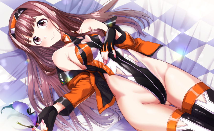 bare_shoulders black_gloves blush breasts brown_eyes brown_hair cleavage_cutout closed_mouth clothing_cutout female fingerless_gloves gloves groin hairband heart_cutout highleg highleg_leotard highres holding holding_removed_eyewear idolmaster idolmaster_million_live! jacket leotard long_hair looking_at_viewer lying nail_polish on_back orange_jacket pink_nails race_queen run_p_(aveton) smile solo sports_sunglasses sunglasses tanaka_kotoha thighhighs thighs unworn_eyewear