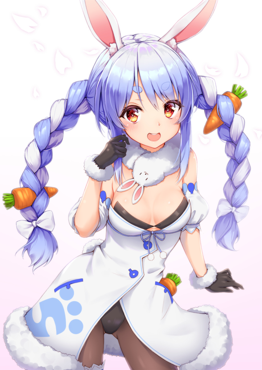 :d animal_ear_fluff animal_ears bare_shoulders black_gloves black_leotard blue_hair braid breasts brown_pantyhose carrot_hair_ornament coat cowboy_shot detached_sleeves don-chan_(usada_pekora) female food-themed_hair_ornament fur_collar fur_trim gloves hair_ornament hair_ribbon highres hololive leotard long_hair looking_at_viewer medium_breasts open_mouth pantyhose puffy_short_sleeves puffy_sleeves rabbit_ears rabbit_girl rabbit_tail red_eyes ribbon short_sleeves smile solo strapless strapless_leotard tail thick_eyebrows toki_(toki_ship8) twin_braids twintails usada_pekora usada_pekora_(1st_costume) very_long_hair virtual_youtuber white_coat