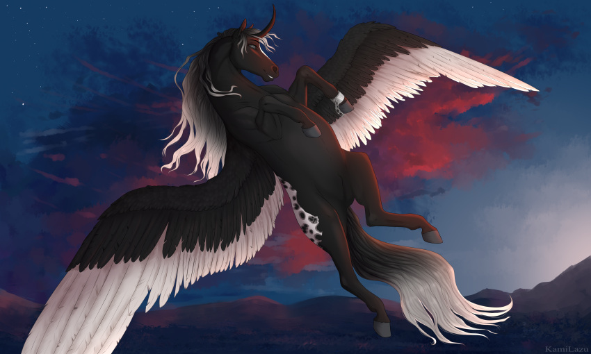 5:3 absurd_res alicorn alterion_(alter) appaloosa appaloosa_(marking) chains equid equine feathered_wings feathers feral flying fur hi_res hooves horn horse kamilazu male mammal mountain mythological_creature mythological_equine mythology night smile solo spots spread_wings wings