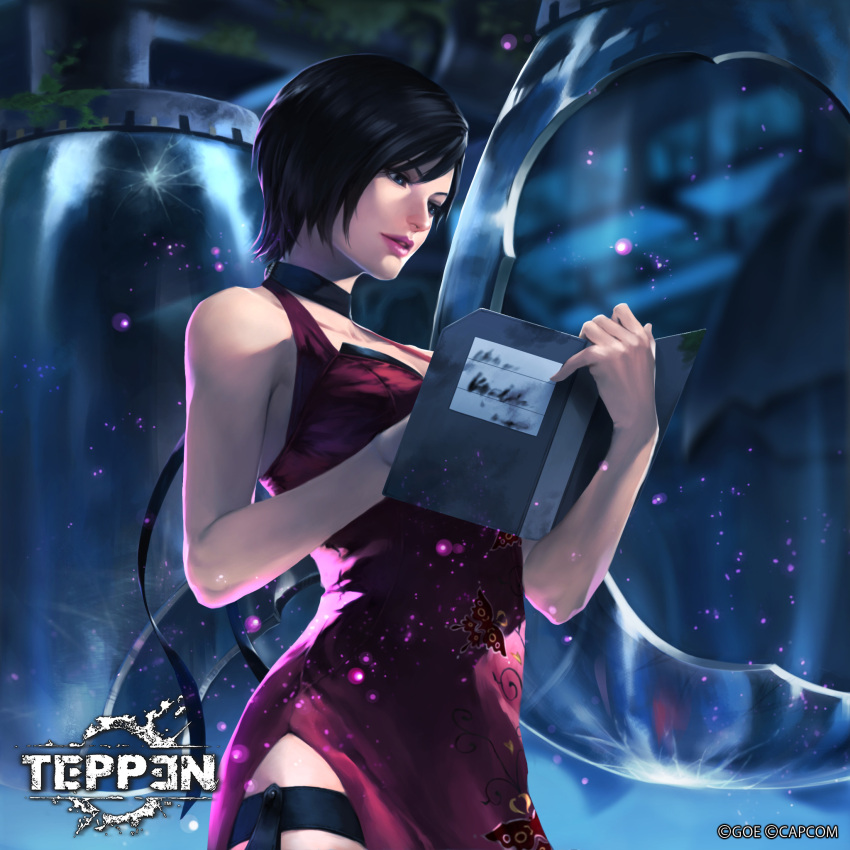 ada_wong bare_arms black_choker black_eyes black_hair book breasts choker collarbone cowboy_shot dress female highres holding holding_book looking_at_object medium_breasts official_art parted_lips red_dress resident_evil resident_evil_2 shiyuu_(shiyu) short_hair side_slit solo teppen thigh_strap