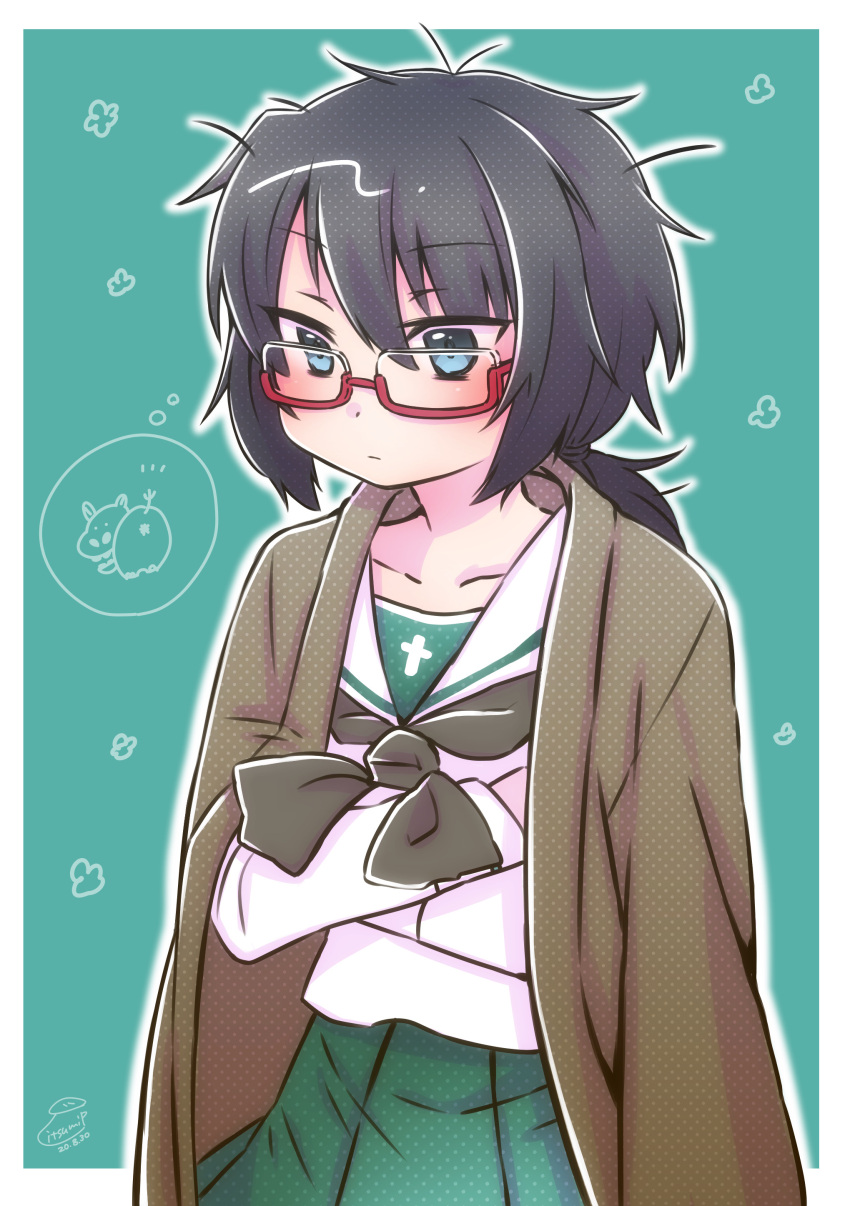 absurdres artist_name black_hair black_neckerchief blouse blue_eyes border closed_mouth commentary cowboy_shot crossed_arms dated emblem female girls_und_panzer glasses green_background green_skirt half-closed_eyes haori highres hippopotamus itsumip japanese_clothes light_frown long_sleeves looking_to_the_side medium_hair messy_hair neckerchief ooarai_school_uniform oryou_(girls_und_panzer) outline outside_border pleated_skirt red-framed_eyewear sailor_collar school_uniform semi-rimless_eyewear serafuku shirt short_ponytail signature skirt solo standing thought_bubble under-rim_eyewear white_border white_outline white_sailor_collar white_shirt