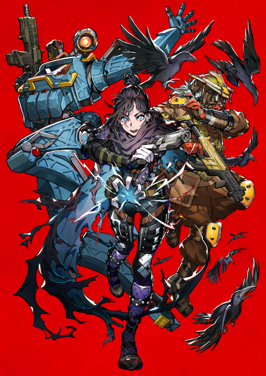 animification apex_legends assault_rifle b3_wingman bird black_hair bloodhound_(apex_legends) blue_eyes bodysuit bright_pupils cape commentary_request crow finger_on_trigger gun hair_bun handgun hat hemlok highres holding holding_gun holding_weapon looking_at_viewer mika_pikazo open_mouth pathfinder_(apex_legends) r-99_smg red_background rifle robot simple_background single_hair_bun standing standing_on_one_leg torn_cape torn_clothes weapon white_pupils wraith_(apex_legends)