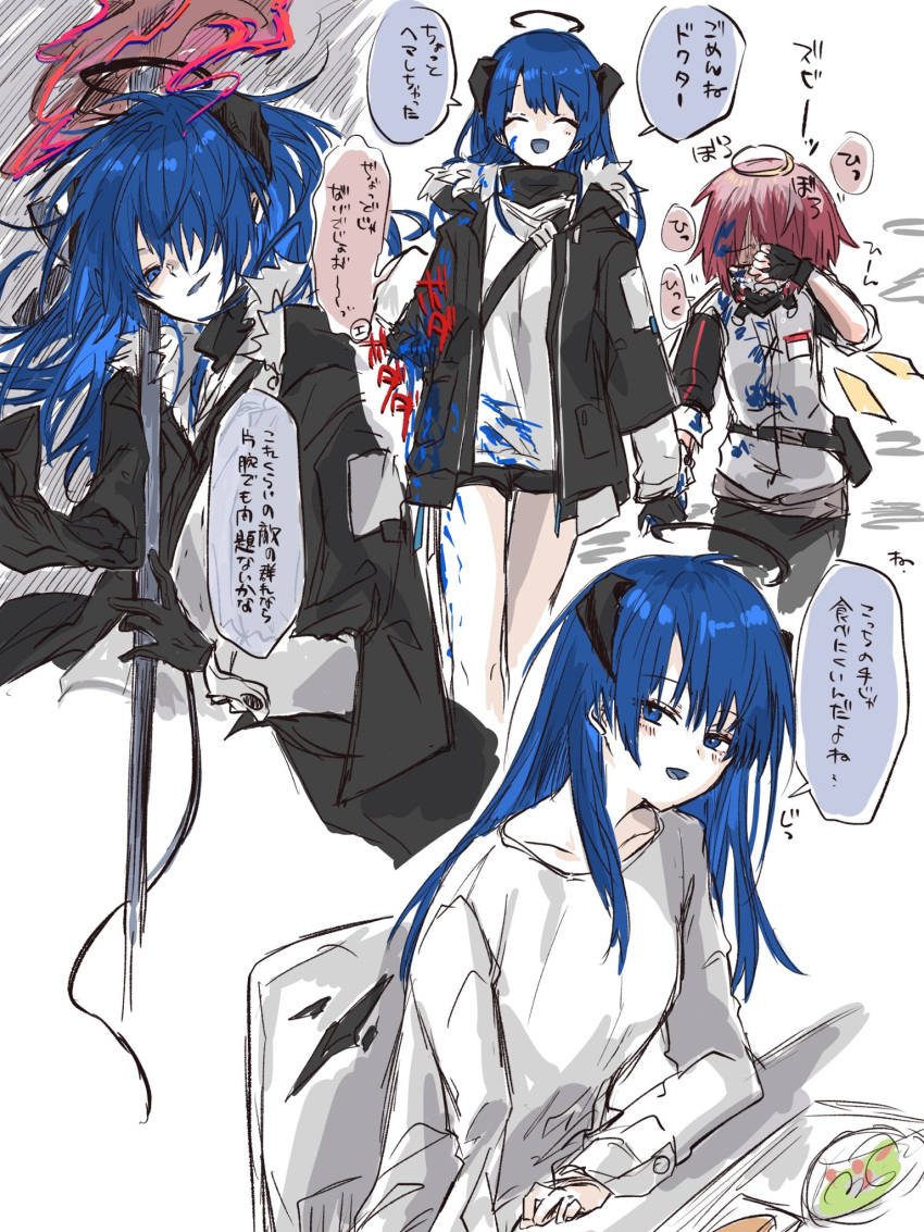 2girls amputee an_fyhx angel arknights black_jacket blood blue_blood blue_eyes blue_hair blue_tongue colored_tongue commentary_request crying demon_horns detached_wings energy_wings exusiai_(arknights) fallen_angel fur-trimmed_hood fur-trimmed_jacket fur_trim halo highres hood horns id_card jacket long_hair mostima_(arknights) multiple_girls raglan_sleeves red_hair short_hair translation_request white_jacket wings