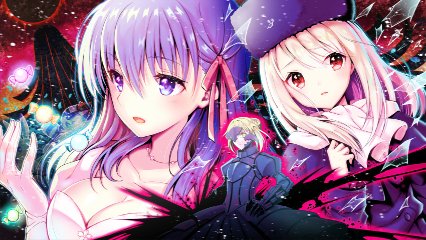 3girls armor armored_dress artoria_pendragon_(fate) black_armor blonde_hair braid braided_bun breasts candy cleavage fate/stay_night fate_(series) food frown fur_hat gloves hair_bun hat heaven's_feel highres illyasviel_von_einzbern jewelry kiryuu_mina large_breasts long_hair matou_sakura multiple_girls necklace open_mouth papakha purple_eyes purple_hair purple_hat red_eyes red_ribbon ribbon saber_alter shadow_(fate/stay_night) white_gloves wrapped_candy yellow_eyes