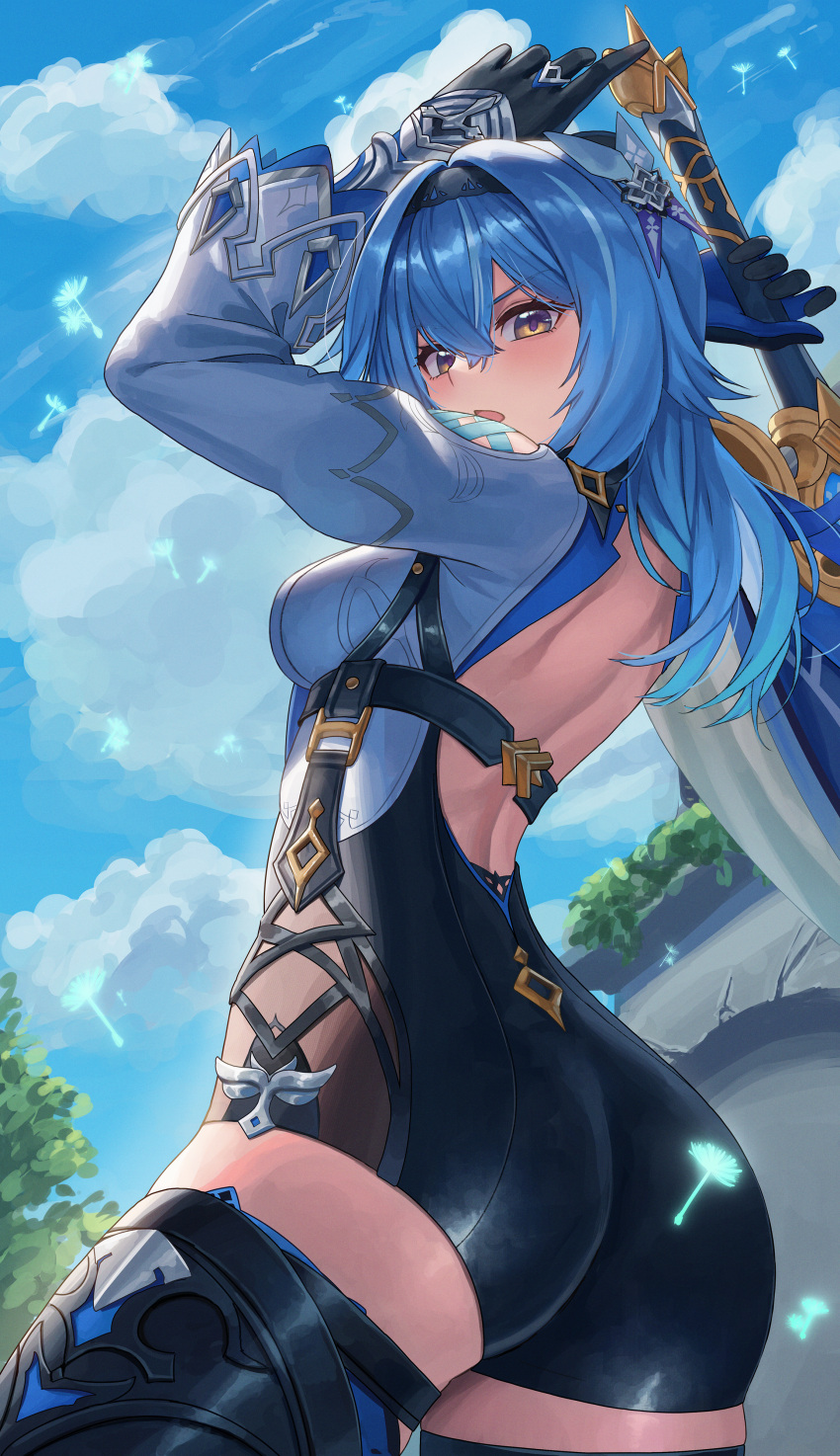 absurdres arm_guards arms_up ass backless_outfit belt black_gloves black_hairband black_leotard black_thighhighs blue_cape blue_hair blush breasts brown_eyes cape dandelion_seed eula_(genshin_impact) female genshin_impact gloves greatsword hair_ornament hairband highres huge_ass large_breasts leotard long_sleeves looking_at_viewer looking_back medium_hair necktie open_mouth shirt sidelocks solo song_of_broken_pines_(genshin_impact) sword takinashi_(friend_coffee) thighhighs thighs underbust weapon white_shirt