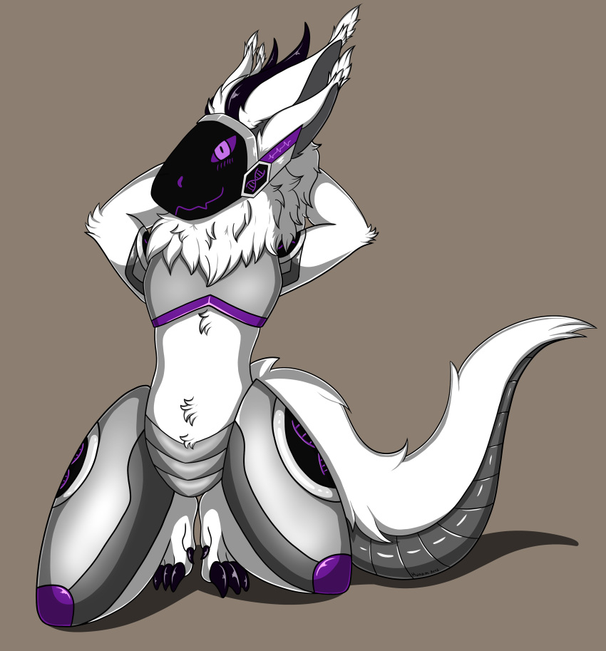 absurd_res anthro armor biogentic_(protogen) breastplate claws crotchplate cybernetics ear_tuft fur hands_behind_head hi_res horn hunamarts kneeling machine male mammal multi_ear neck_tuft pinup pose protogen protogen_visor purple_eyes smile solo tail thick_thighs tuft white_body white_fur