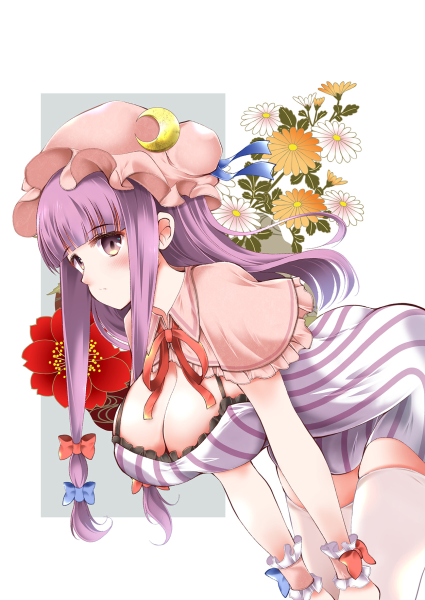 adapted_costume ass blue_bow blue_ribbon blunt_bangs blush bow breasts capelet cleavage commentary_request crescent crescent_hat_ornament crescent_pin dress female flower hairbow hands_on_own_knees hat hat_ornament hat_ribbon highres large_breasts leaning_forward long_hair looking_at_viewer mob_cap neck_ribbon patchouli_knowledge pink_capelet purple_eyes purple_hair red_bow red_ribbon ribbon short_dress simple_background solo striped_clothes striped_dress thighhighs touhou usuusu vertical_stripes white_thighhighs wrist_bow wrist_cuffs