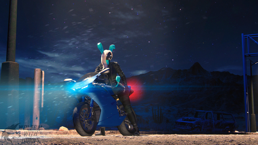 16:9 3d_(artwork) 4k absurd_res anthro aoi_takada_(ludexus) biker biker_boots biker_girl biker_jacket black_face blonde_hair blue_body boots clothing desert destroyed_vehicle digital_media_(artwork) female footwear glowing hair hi_res highway lagomorph lens_flare leporid ludexus mammal motorcycle mountain night rabbit solo source_filmmaker_(artwork) star vehicle widescreen wind