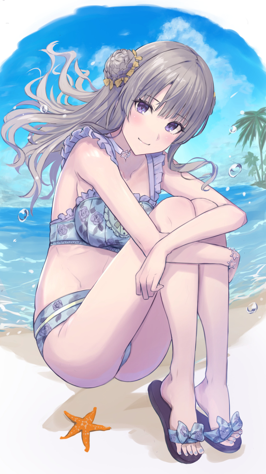 bare_arms bare_legs bikini blue_bikini blue_sky blush breasts bubble choker cloud collarbone day enporion female floral_print frilled_bikini frills hair_bun highres hugging_own_legs idolmaster idolmaster_shiny_colors knees_up light_brown_hair long_hair looking_at_viewer medium_breasts nail_polish ocean outdoors palm_tree purple_eyes rose_print sandals single_side_bun sitting sky smile solo star_(symbol) star_bracelet star_choker starfish swimsuit toeless_footwear toenail_polish toenails tree water yukoku_kiriko