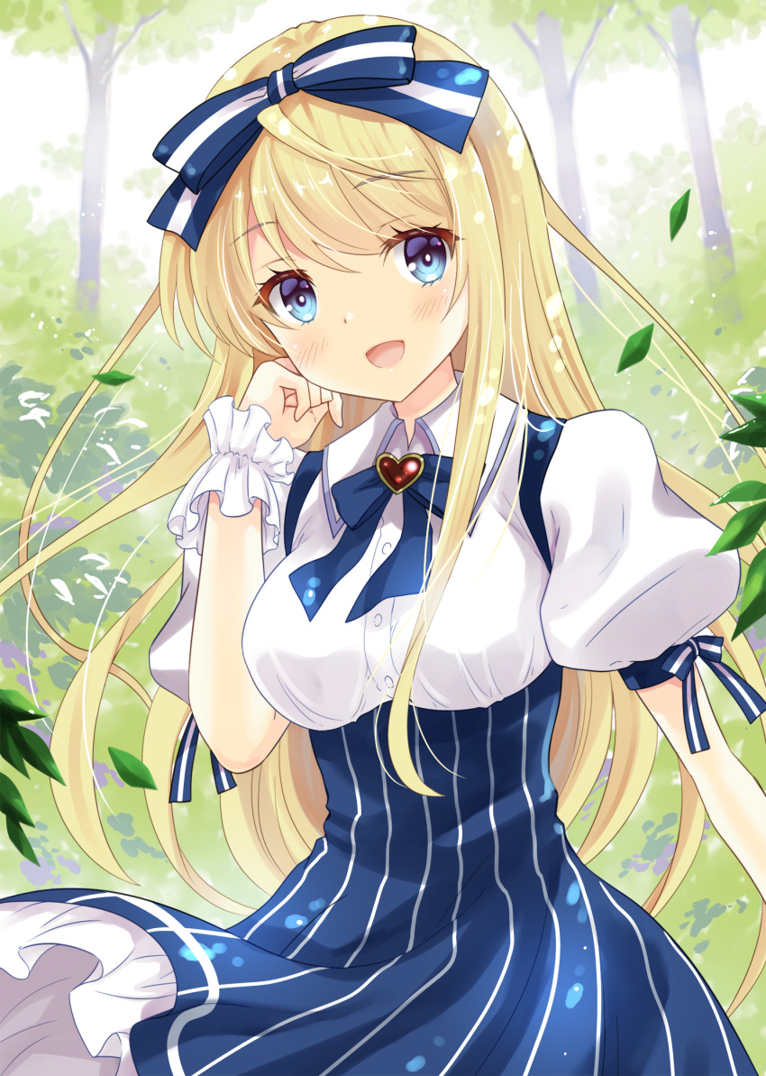 blonde_hair blue_bow blue_eyes blue_skirt blush bow breasts commentary_request emu_alice female hairbow heart highres liver_city long_hair looking_at_viewer open_mouth outdoors puffy_short_sleeves puffy_sleeves short_sleeves skirt smile solo uonuma_yuu