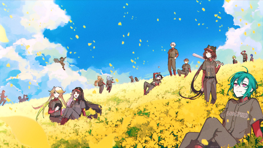 3others 4girls 6+boys annotated azura_cecillia baseball_uniform black_headwear black_wings blonde_hair blue_hair brown_hair canine ex_albio field floating_hair flower flower_field flying fujikiri_yana fuwa_minato genzuki_toujirou green_hair grey_pants hair_behind_ear harusaki_air hayase_sou highres inui_toko jikkyou_powerful_pro_yakyuu kuroi_shiba kuzuha_(nijisanji) lauren_iroas long_hair looking_up lying melissa_kinrenka multicolored_hair multiple_boys multiple_girls multiple_others nijisanji nijisanji_id nijisanji_kr outdoors pants purple_eyes rai_galilei red_hair riksa_dhirendra running ryuushen seffyna short_hair smile sportswear streaked_hair twintails two-tone_hair virtual_youtuber white_hair wings yamagami_karuta yorumi_rena