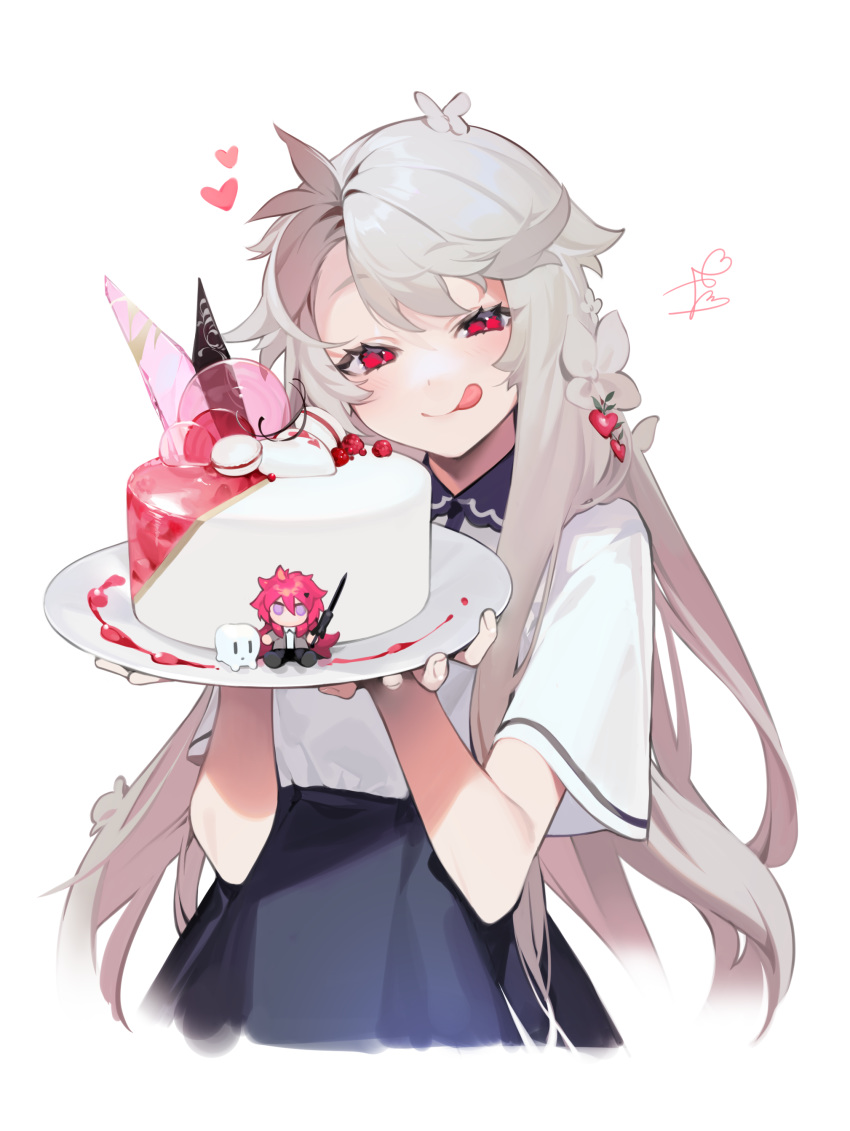 absurdres bad_id bad_pixiv_id black_skirt blush cake closed_mouth commentary_request female food grey_hair heart herme_(ohisashiburi) highres holding holding_plate long_hair looking_at_viewer ohisashiburi original partial_commentary plate red_eyes short_sleeves skirt smile solo tongue tongue_out very_long_hair