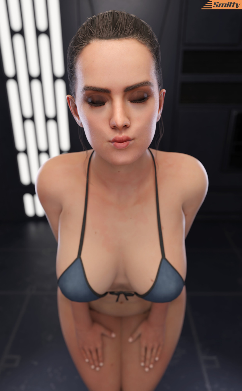 1girls 2024 3d absurd_res bikini bikini_top breasts brown_hair closed_eyes closed_mouth eyeshadow female female_only hands_on_thighs hi_res human indoors inside kiss kissing large_breasts leaning_forward light-skinned_female light_skin makeup partially_clothed rey smitty34 solo solo_female standing star_wars thighs