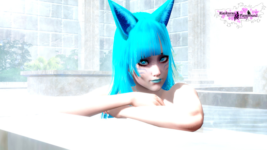 3d animal_ears animal_humanoid black_eyebrows blue_eyes blue_hair blue_hair_female blue_lips blue_lipstick eyeshadow face_tattoo female_only fox_girl fox_humanoid foxear make_up makeup naked naked_female neekumari nude nude_female riaykuras_playground sauna tattoo tattoo_on_face